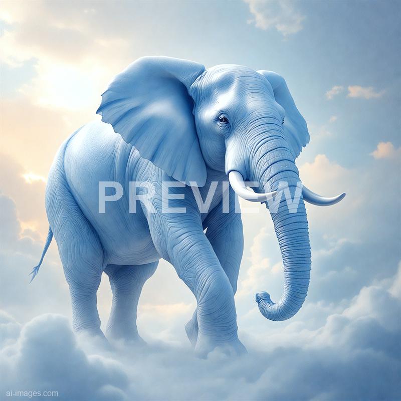 The image features a large, majestic elephant with a light blue hue, standing amidst soft, fluffy clouds. The background showcases a partly cloudy sky with the sun shining through, creating a serene and surreal atmosphere. The elephant appears to be digital or artistic rendering, highlighting details like its textured skin, large ears, and curved tusks.